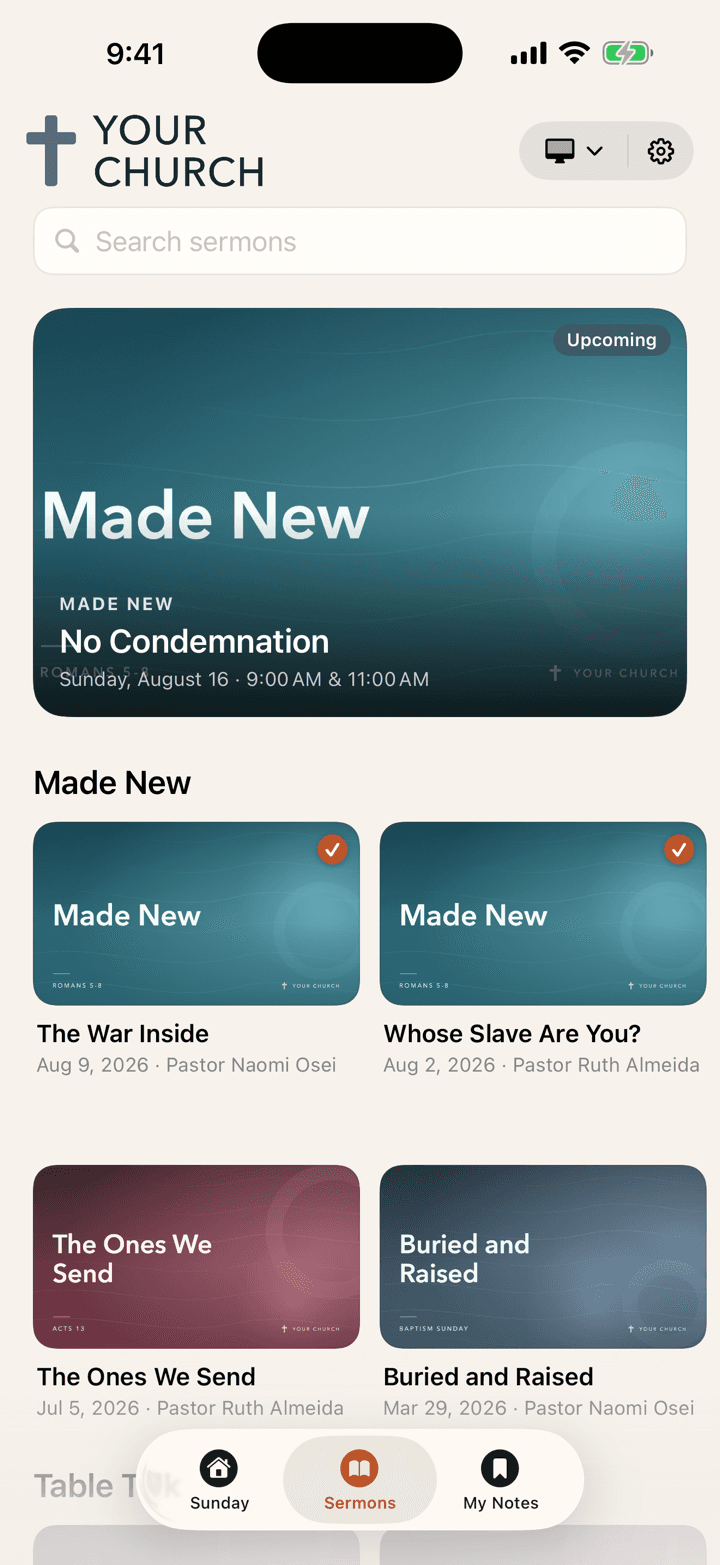 A church’s sermon library in the Sunday app